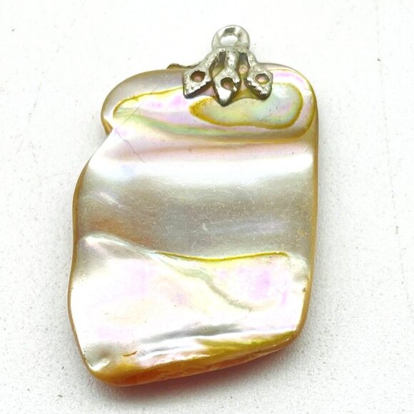 Shell Pendant Abalone Silver Tone Rectangle Wavy Wrinkled Note Beach Coastal - Picture 1 of 6